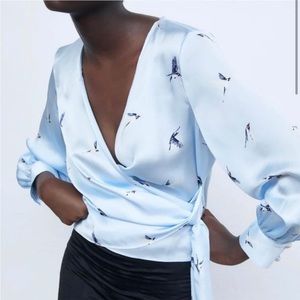 NWOT ZARA Blue Bird Satin Wrap Shirt